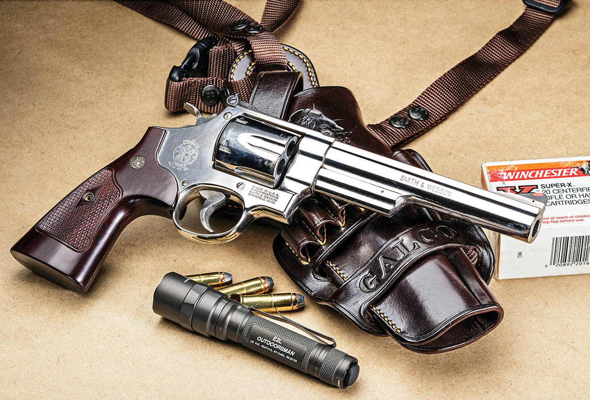 While this stainless-steel Model 629 is also beautiful, it was born to hunt. Carried in a chest holster from Galco Holsters, the combination of gun and holster will elicit envy and hatred from all your hunting buddies.